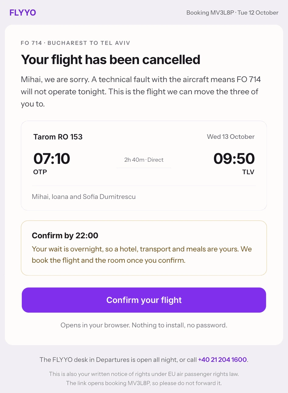 Demonstration cancellation email with a proposed replacement flight, confirmation deadline and care details.
