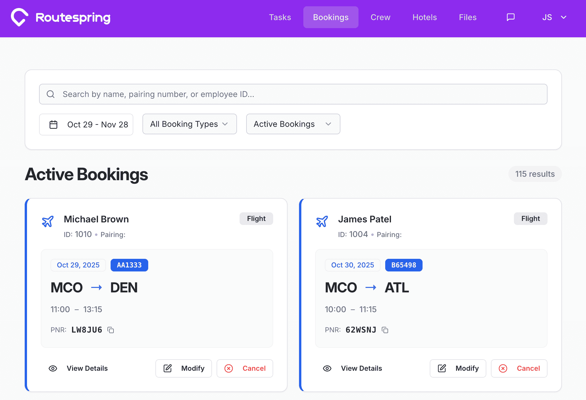 Active Bookings Management in RouteOps