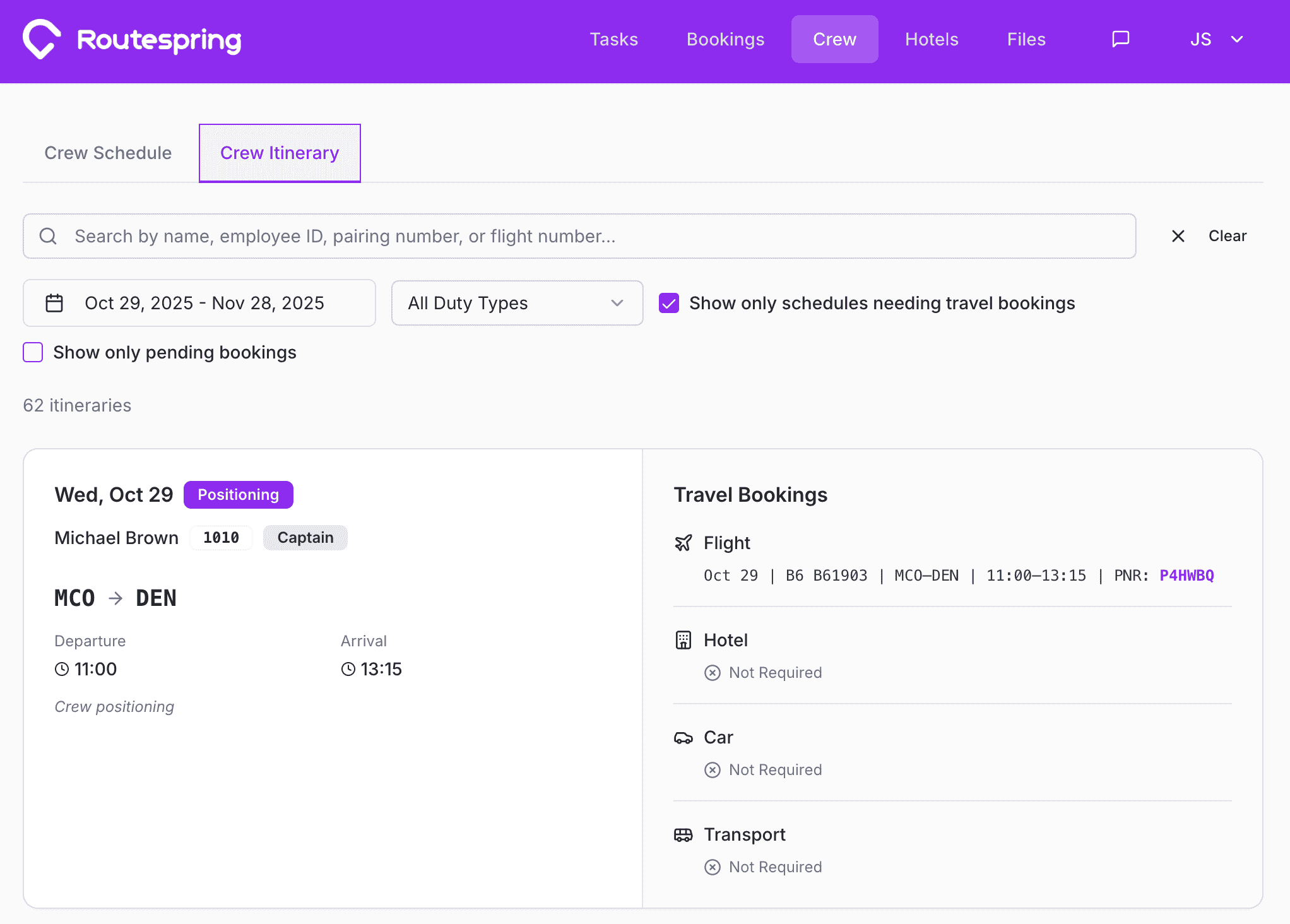 Crew Itinerary Management in RouteOps