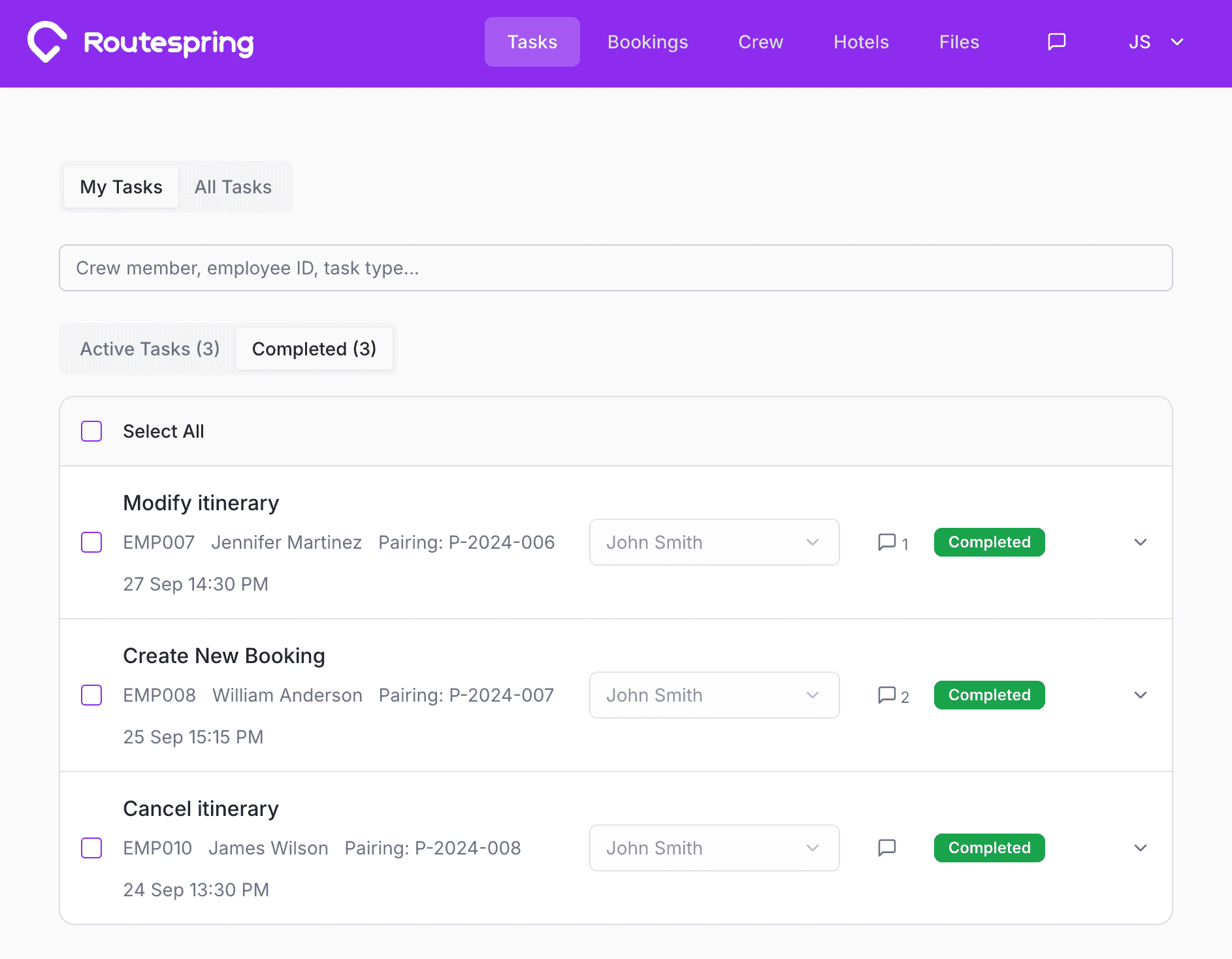 Task management in RouteOps