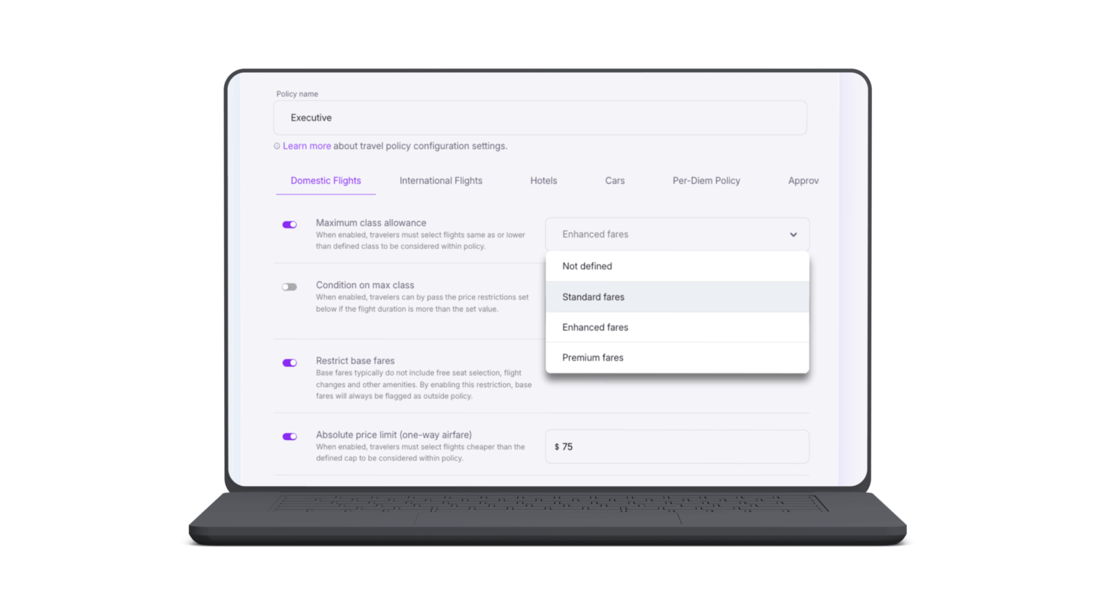 Laptop showing policy settings